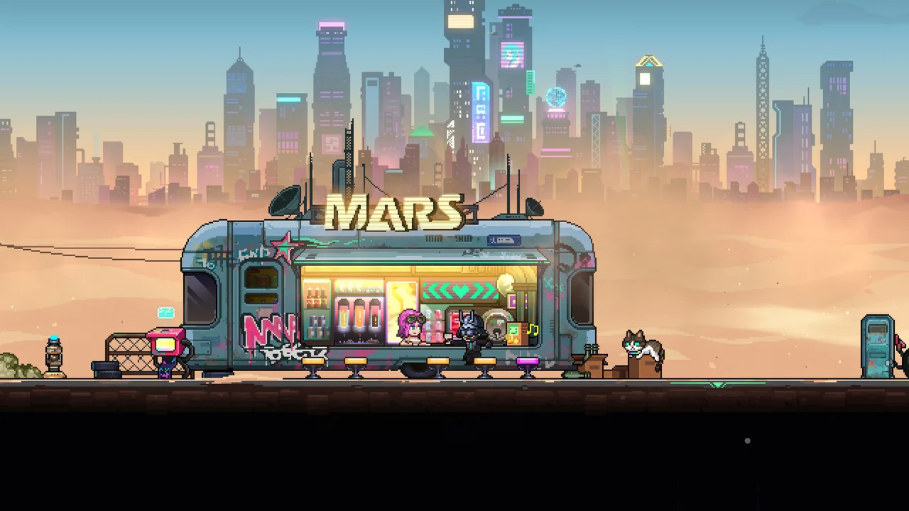Neon Abyss 2 multiplayer context showing a group of pixel-art characters outside a neon-lit Mars bar.