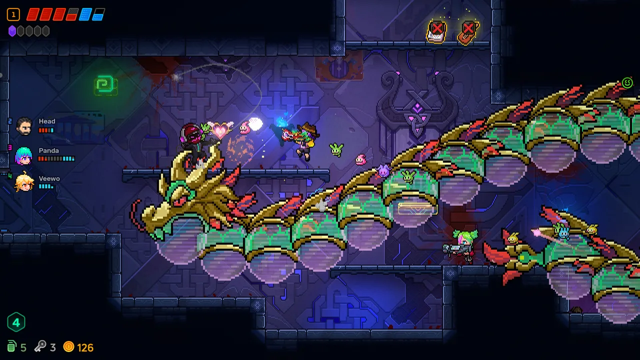 Neon Abyss 2 agents and companions in a combat room, with the resource HUD and large dragon-shaped attacks visible.