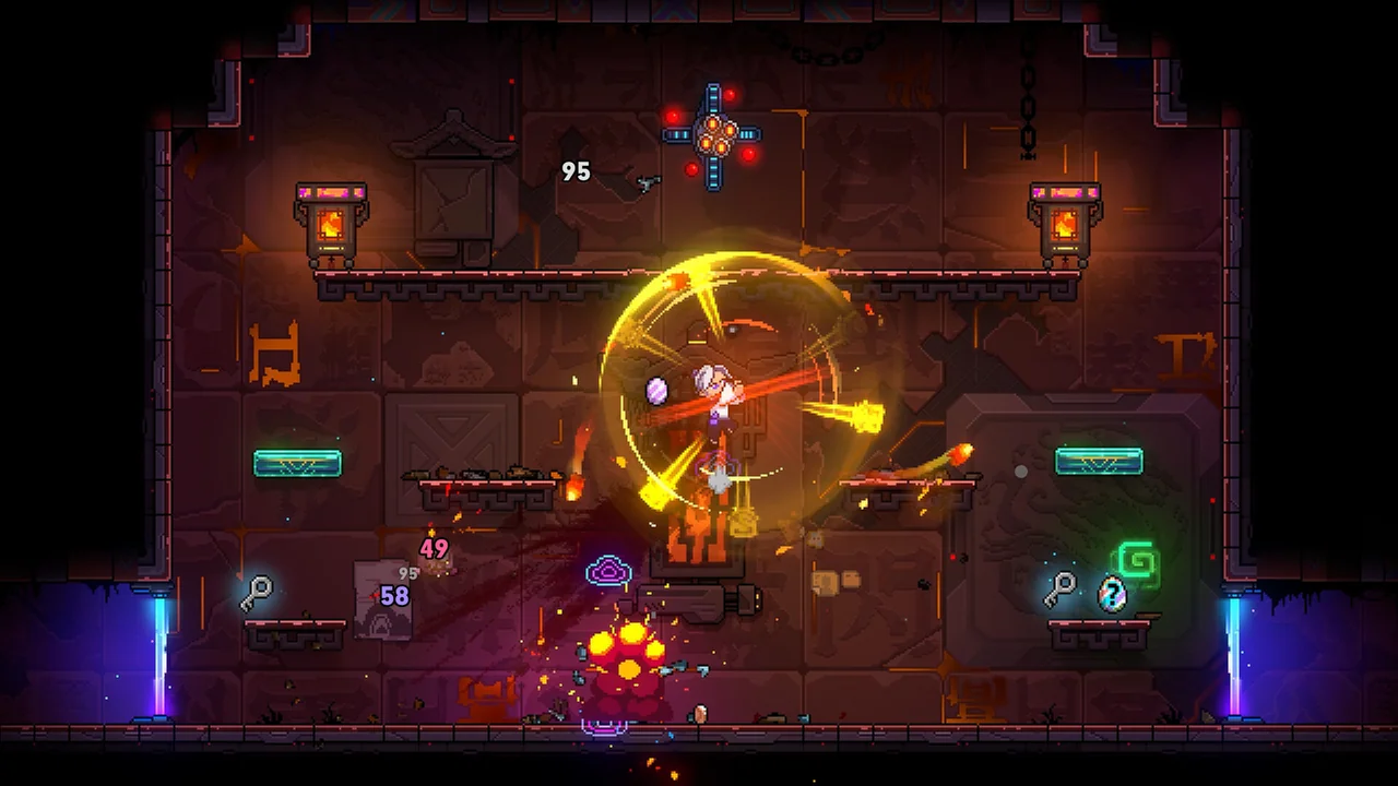 Neon Abyss 2 arsenal gameplay with a bright circular attack and projectiles in a brick-walled combat room.