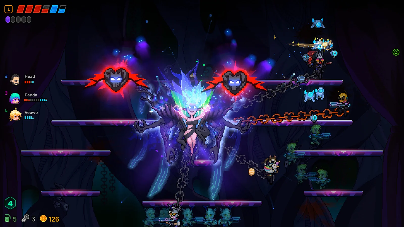 Neon Abyss 2 official gameplay showing a chained blue boss, neon projectiles and players on purple platforms.