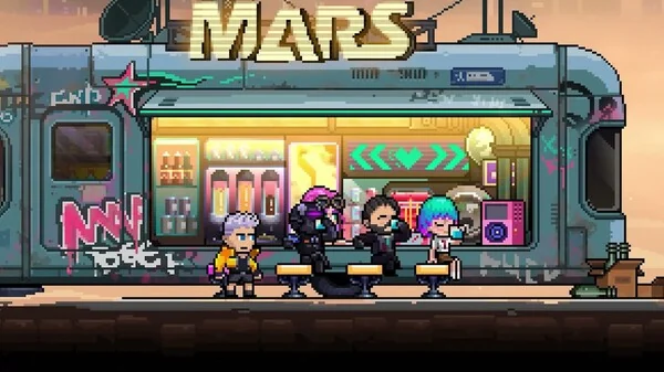 Neon Abyss 2 official launch-trailer poster showing a group of pixel-art characters outside the Mars bar.