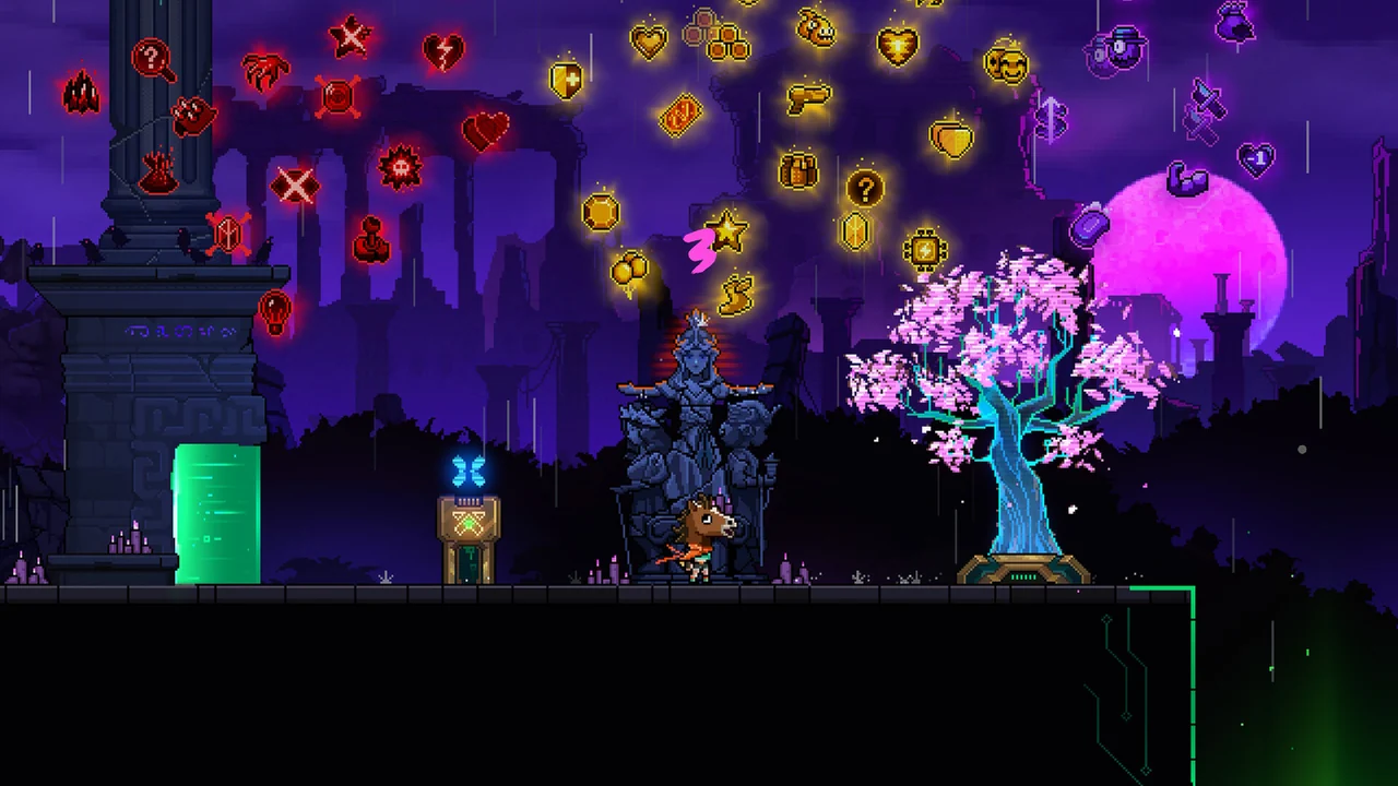 Neon Abyss 2 Faith overview context with floating gold symbols, a glowing purple tree and a statue in a dark temple room.