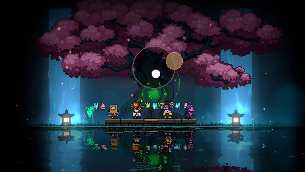 Neon Abyss 2 companion context with small creatures and players beneath a pink tree and a suspended yin-yang symbol.